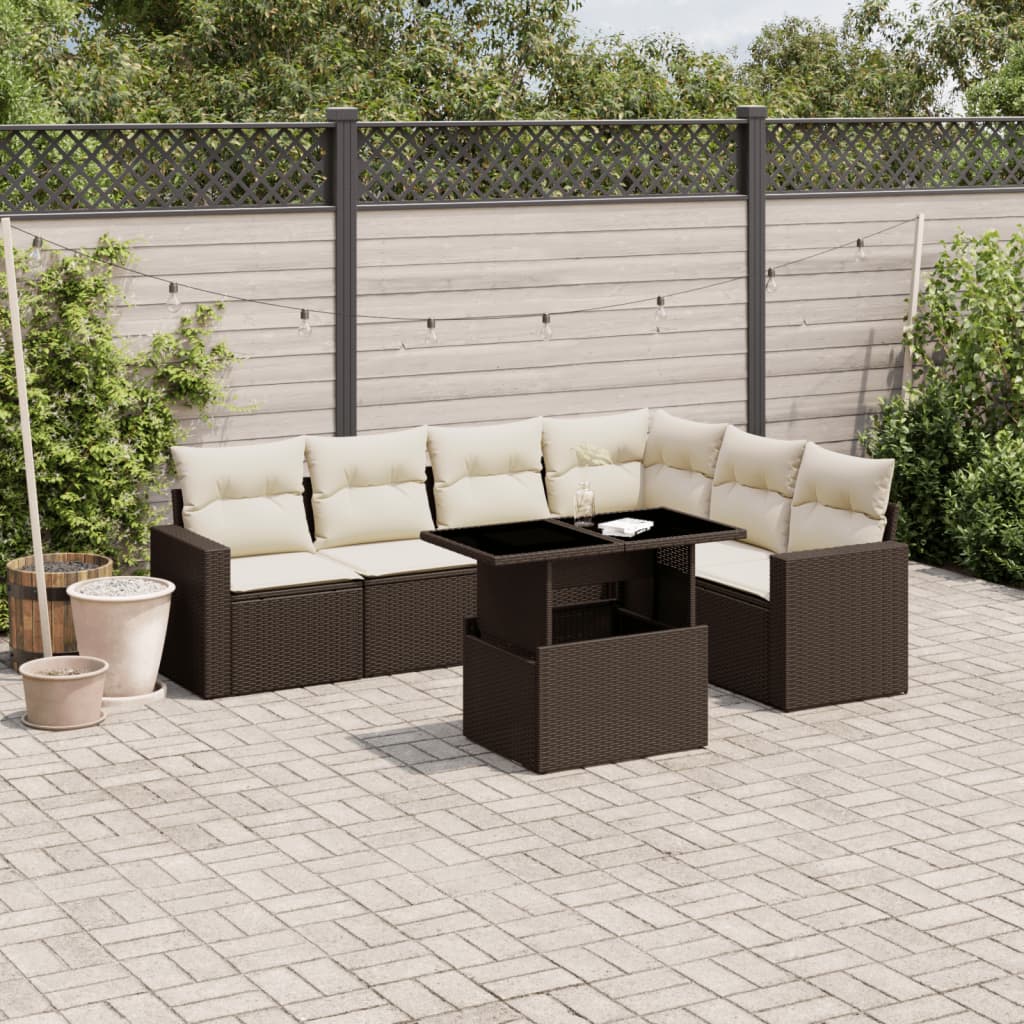7 Pcs conjunto de sofás jardim c/ almofadões vime PE castanho