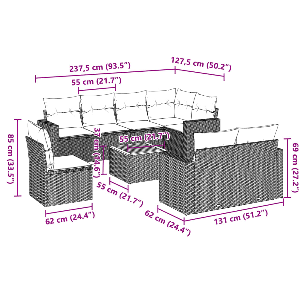 9 Pcs conjunto sofás p/ jardim com almofadões vime PE cinzento