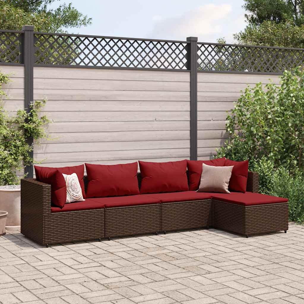 5 Pcs conjunto lounge jardim c/ almofadões vime PE castanho