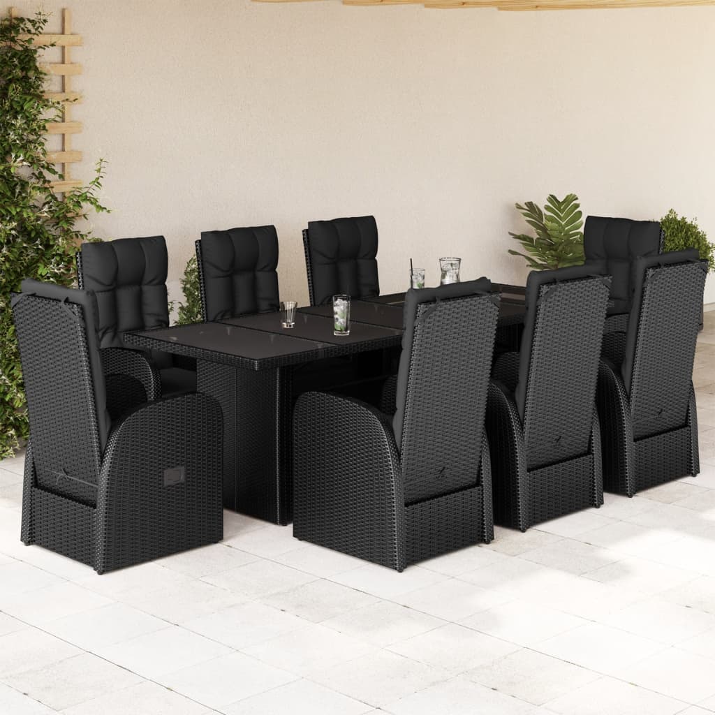 9 Pcs conjunto de jantar p/ jardim c/ almofadões vime PE preto