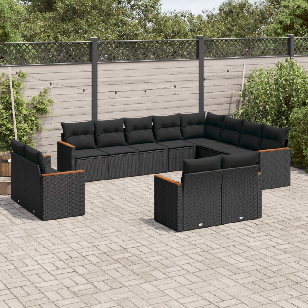 12 Pcs conjunto de sofás de jardim c/ almofadões vime PE preto