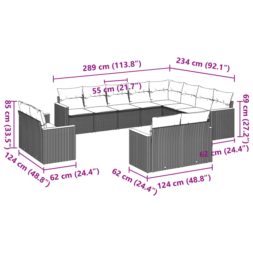 12 Pcs conjunto de sofás de jardim c/ almofadões vime PE preto