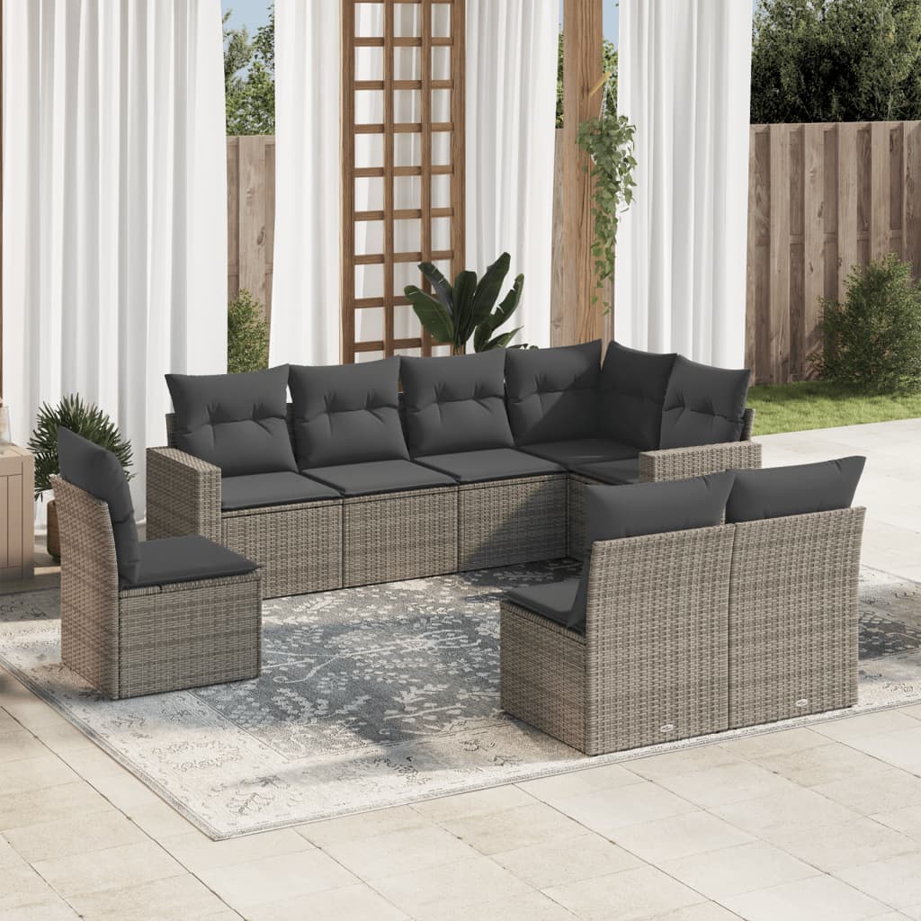 8 Pcs conjunto sofás de jardim c/ almofadões vime PE cinzento