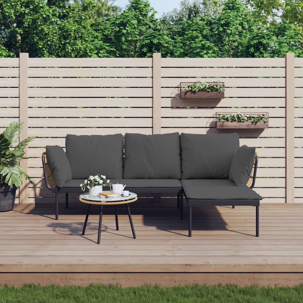 3Pcs conjunto lounge jardim c/ almofadões cinza-escuros vime PE