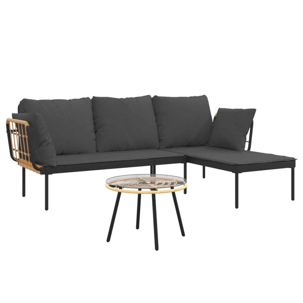 3Pcs conjunto lounge jardim c/ almofadões cinza-escuros vime PE
