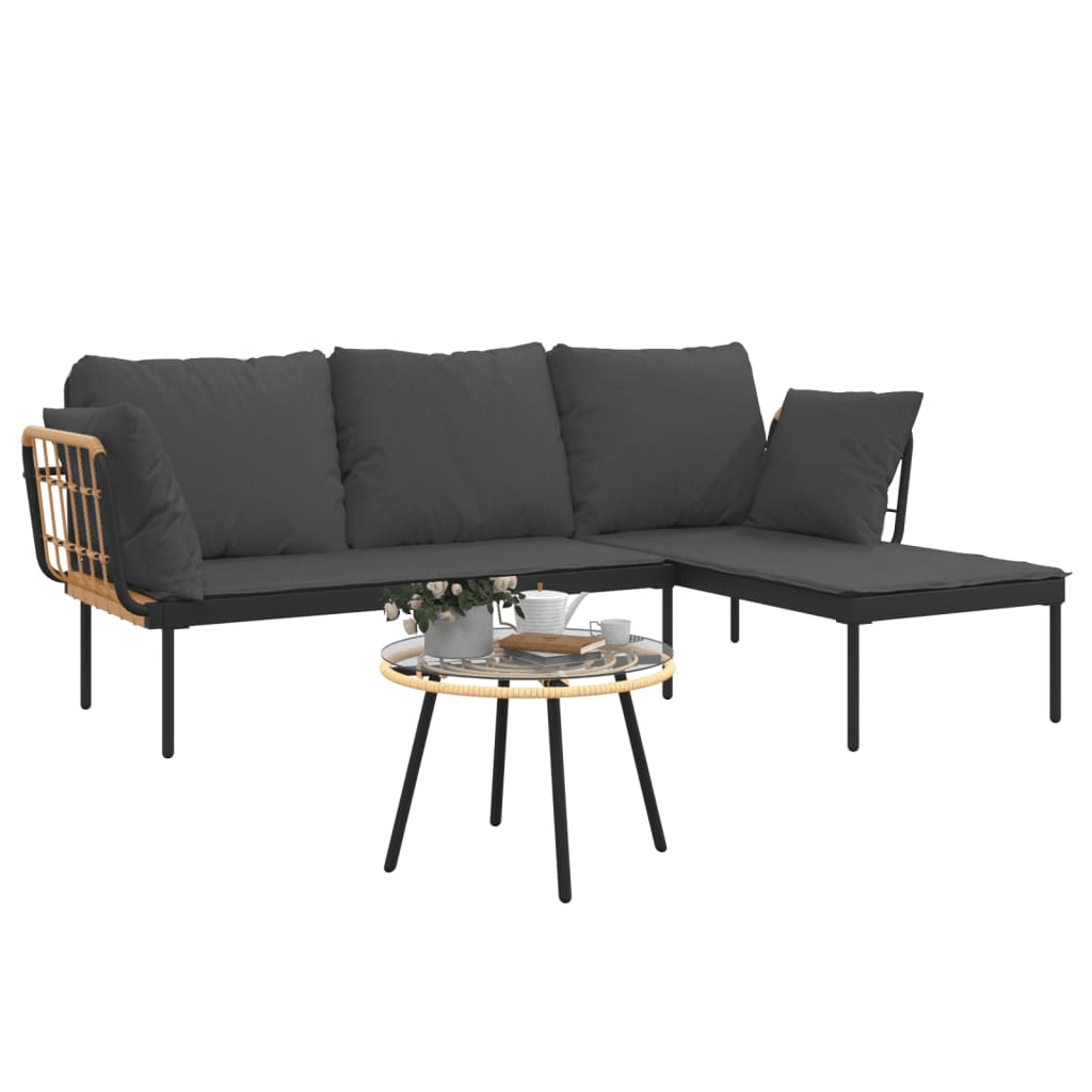 3Pcs conjunto lounge jardim c/ almofadões cinza-escuros vime PE