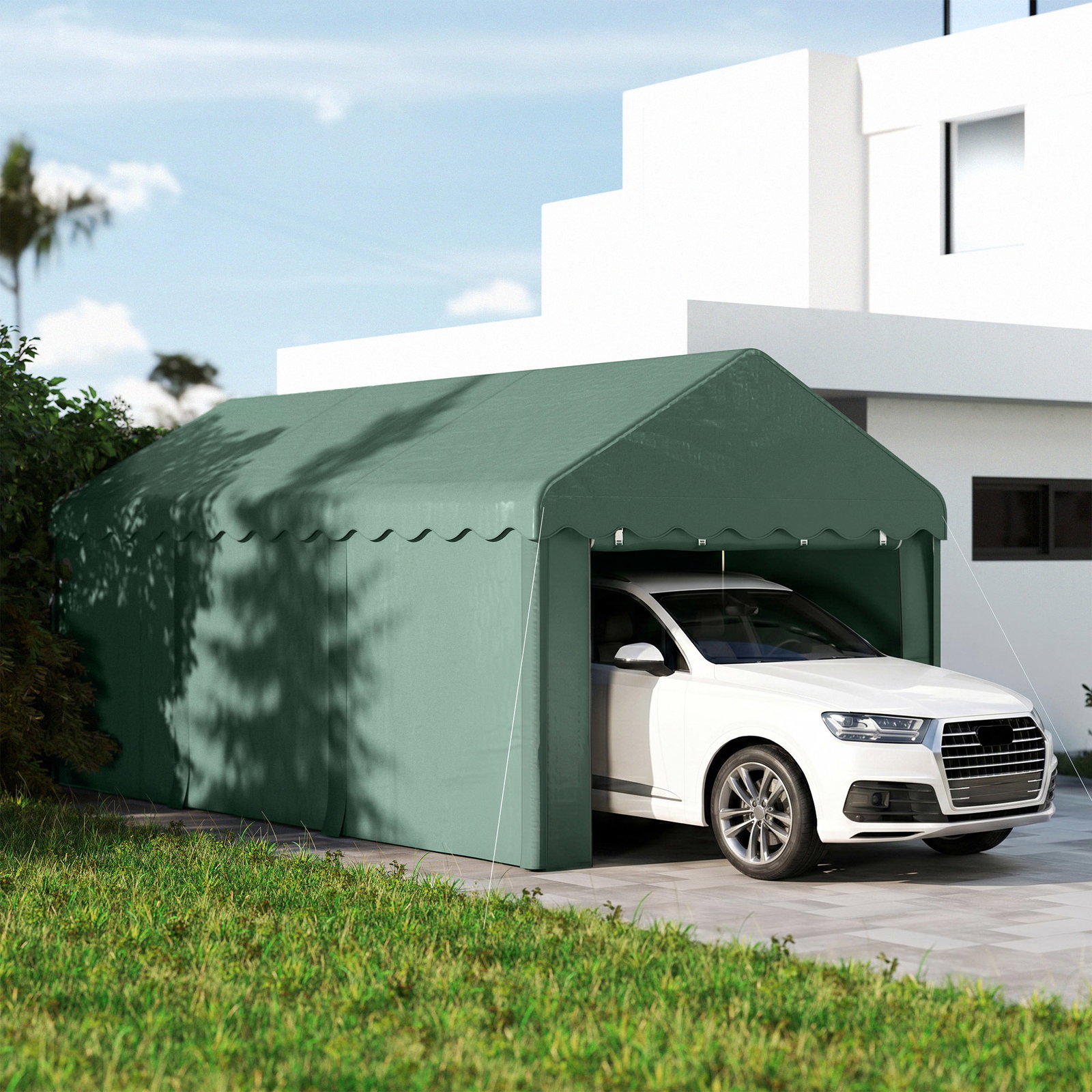 Tenda garagem 6x3 m portátil anti-UV com paredes laterais desmontáveis e 2 portas com fecho de correr verde