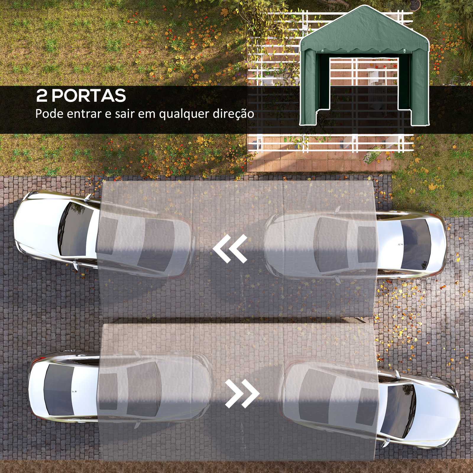 Tenda garagem 6x3 m portátil anti-UV com paredes laterais desmontáveis e 2 portas com fecho de correr verde