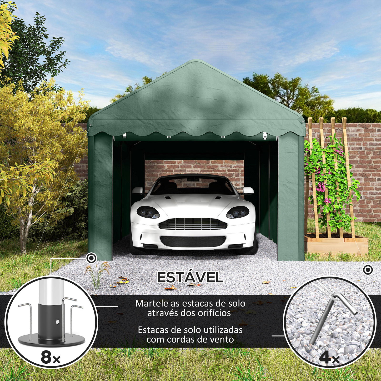 Tenda garagem 6x3 m portátil anti-UV com paredes laterais desmontáveis e 2 portas com fecho de correr verde