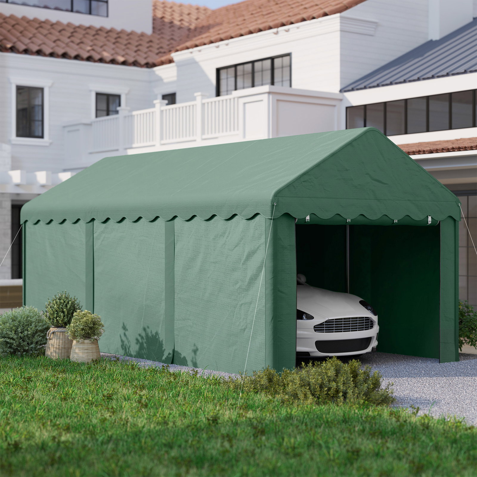 Tenda garagem 6x3 m portátil anti-UV com paredes laterais desmontáveis e 2 portas com fecho de correr verde