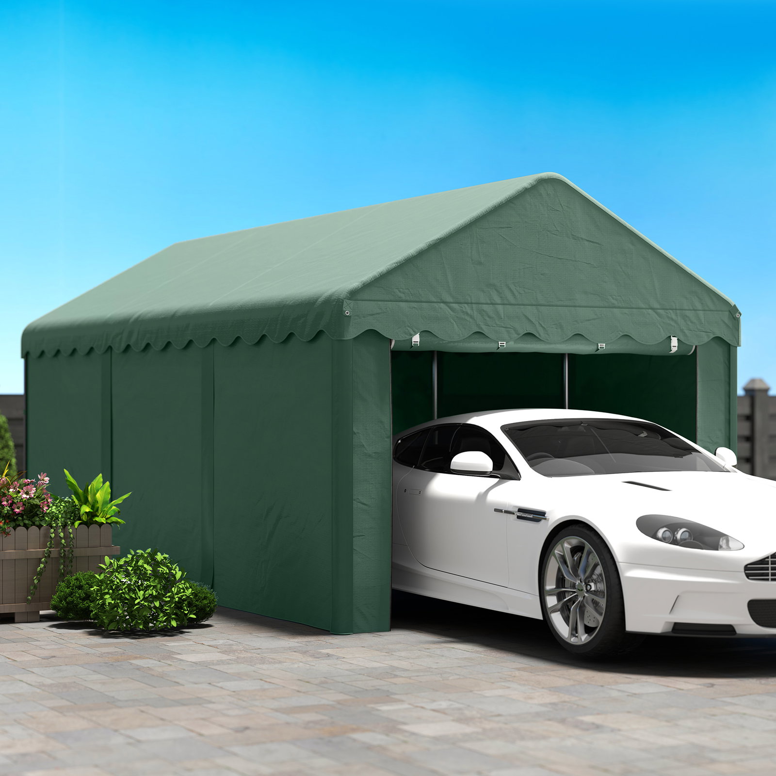Tenda garagem 6x3 m portátil anti-UV com paredes laterais desmontáveis e 2 portas com fecho de correr verde