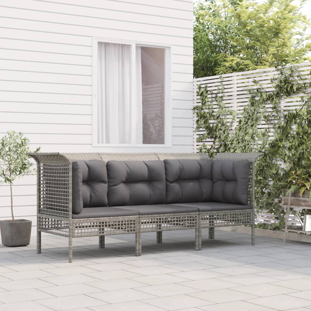 3 Pcs conjunto lounge de jardim c/ almofadões vime PE cinzento