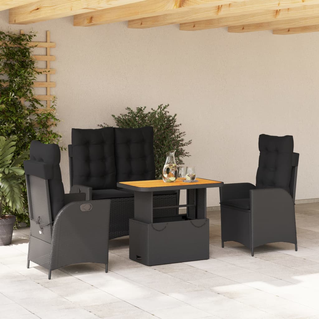 4 Pcs conjunto de jardim p/ jardim c/ almofadões vime PE preto