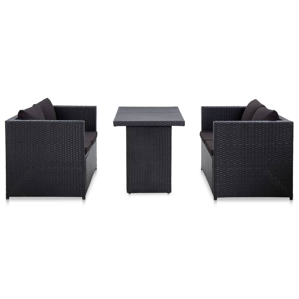 3 Pcs conjunto lounge de jardim c/ almofadões vime PE preto