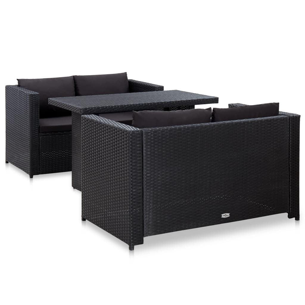3 Pcs conjunto lounge de jardim c/ almofadões vime PE preto