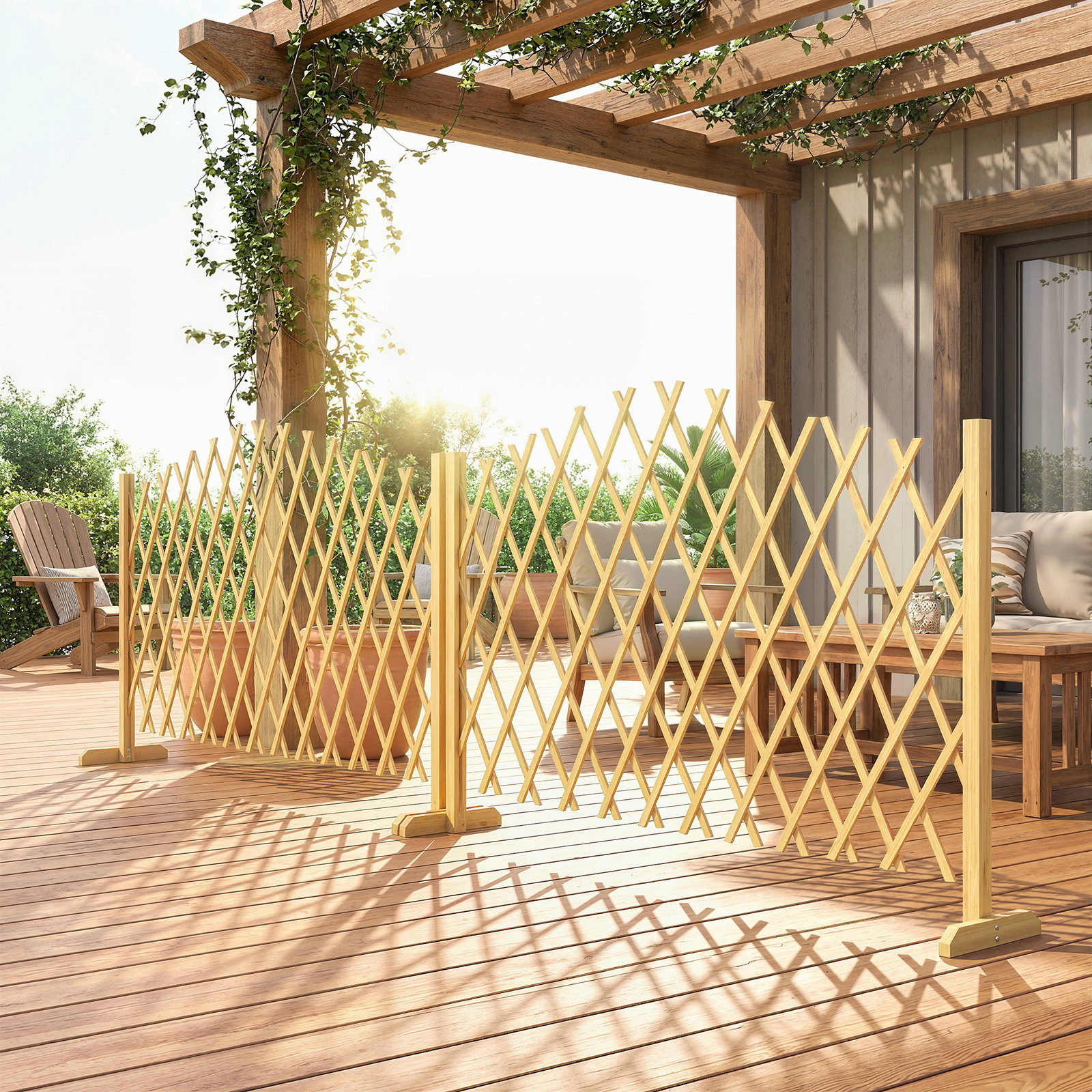 Conjunto de 2 painéis de vedações de jardim exterior extensíveis de madeira para decoração de terraço 180x30x103 cm madeira