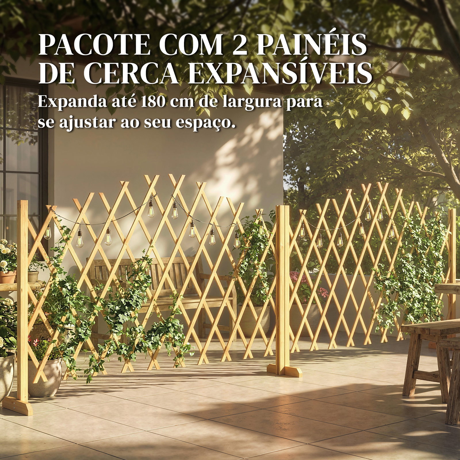 Conjunto de 2 painéis de vedações de jardim exterior extensíveis de madeira para decoração de terraço 180x30x103 cm madeira
