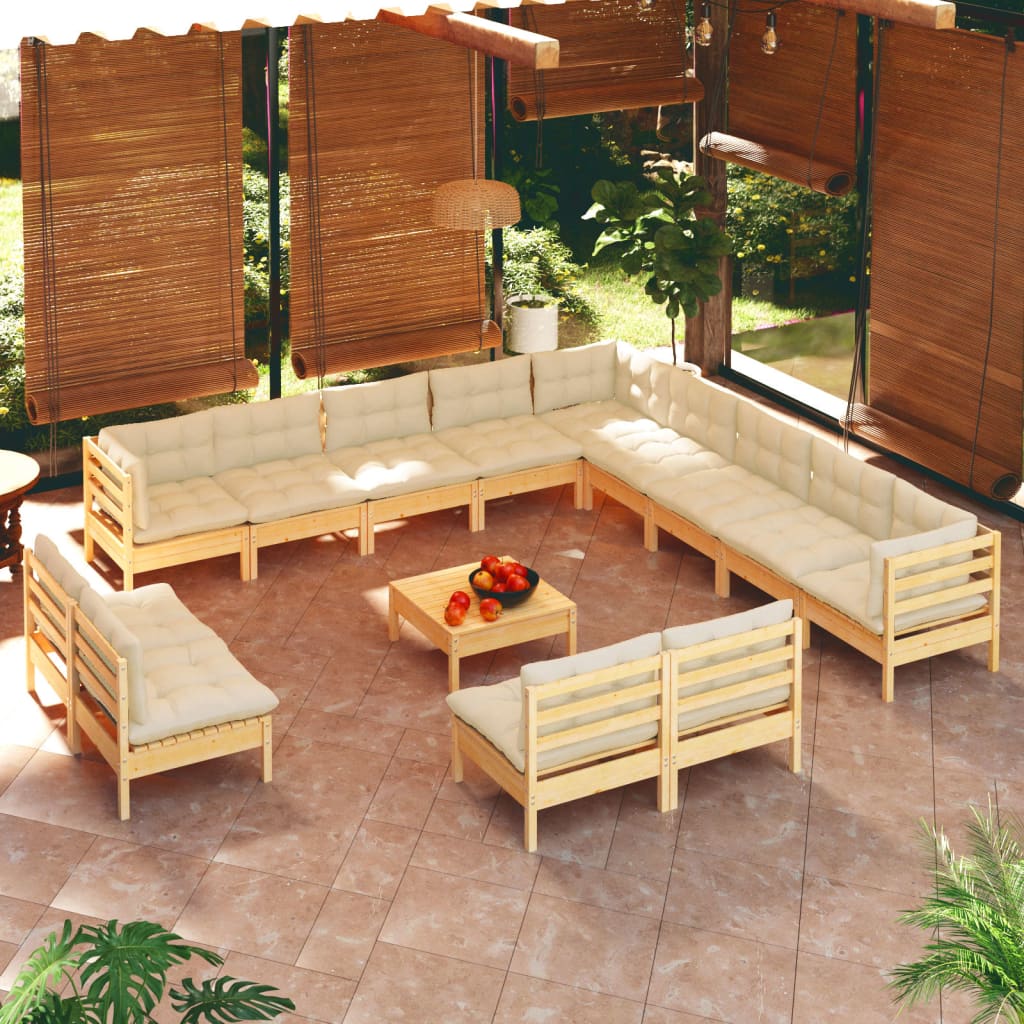 14 Pcs conjunto lounge jardim c/ almofadões creme pinho maciço