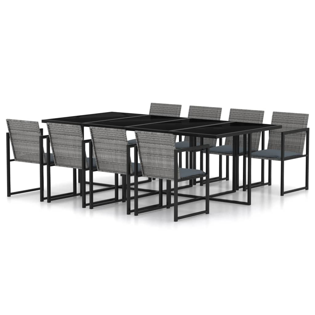 9 Pcs conjunto jantar exterior c/ almofadões vime PE cinzento