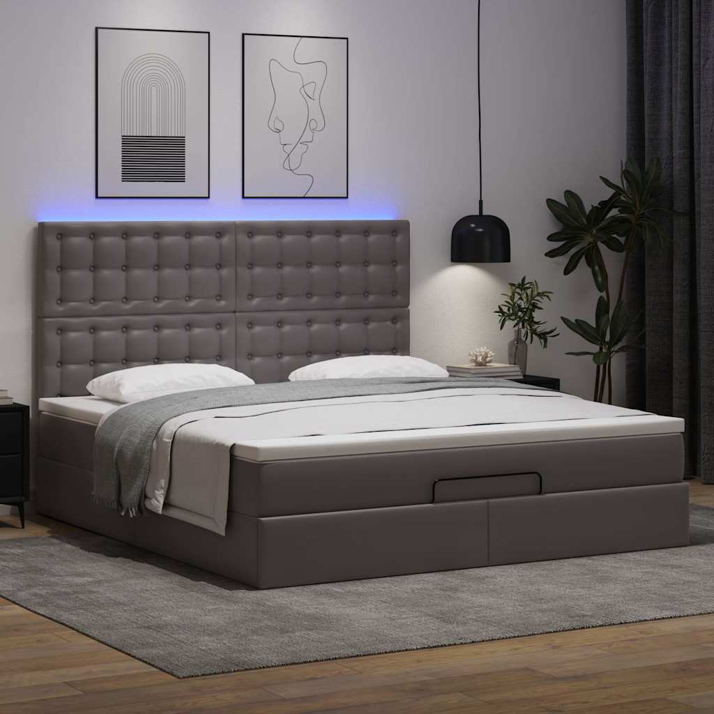 Estrutura de cama otomana com colchão cinza couro falso