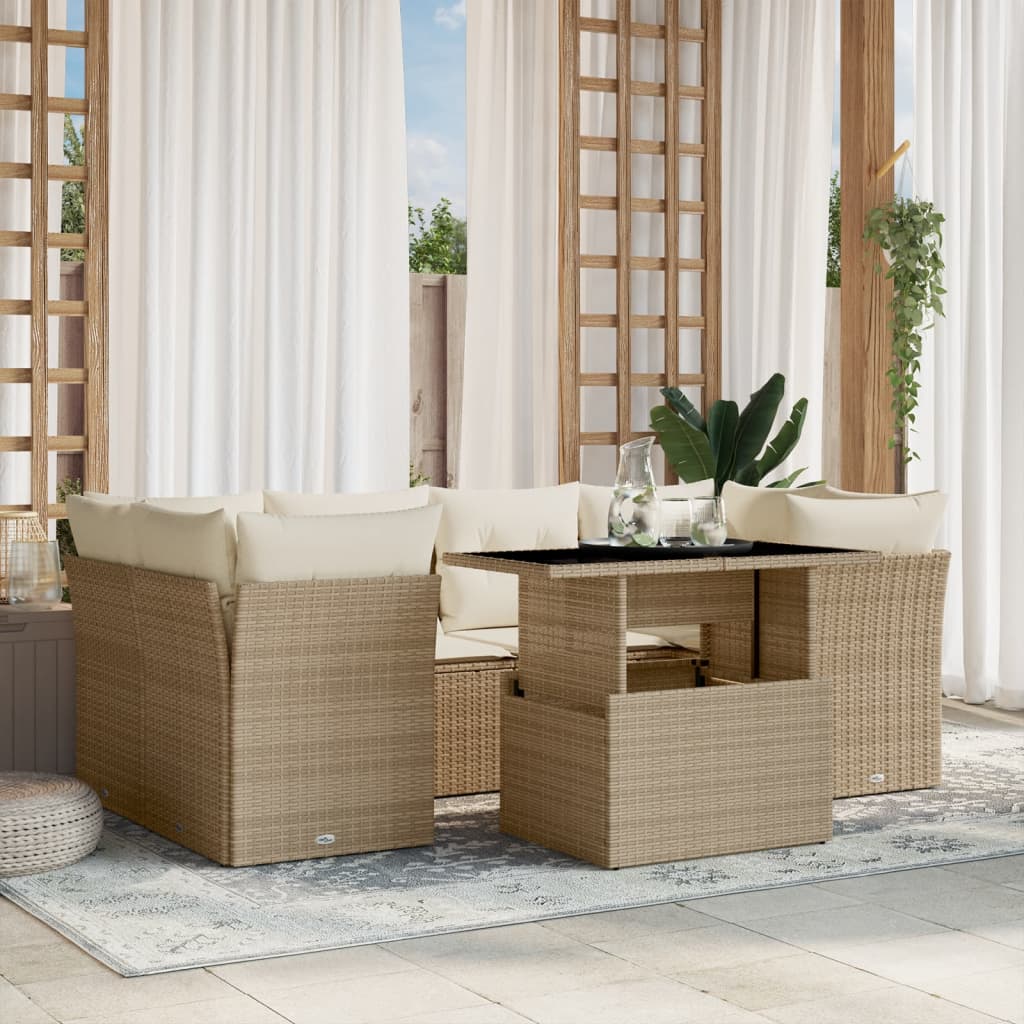 7 Pcs conjunto de sofás p/ jardim com almofadões vime PE bege