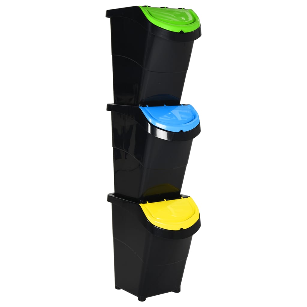 Caixotes do lixo com tampa empilháveis 3 pcs 120 l PP preto