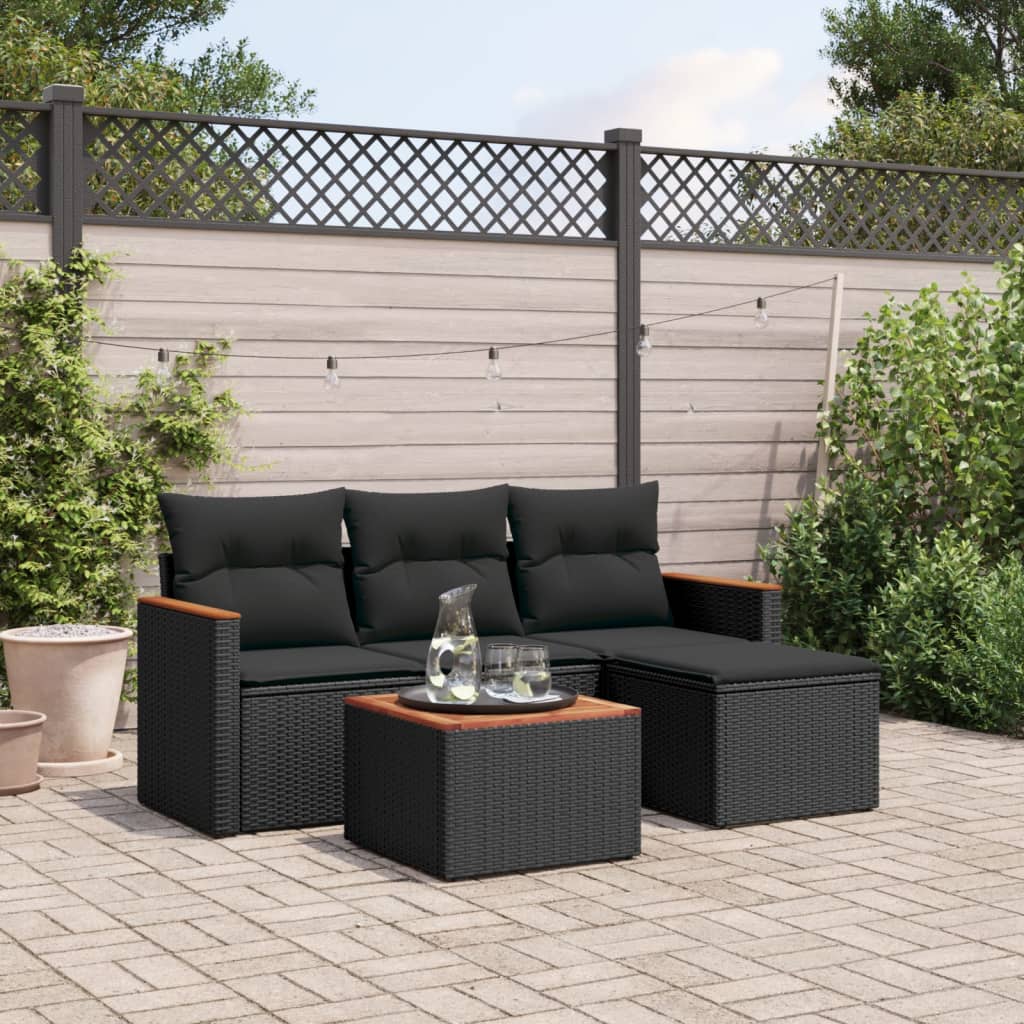5 Pcs conjunto sofás de jardim com almofadões vime PE preto