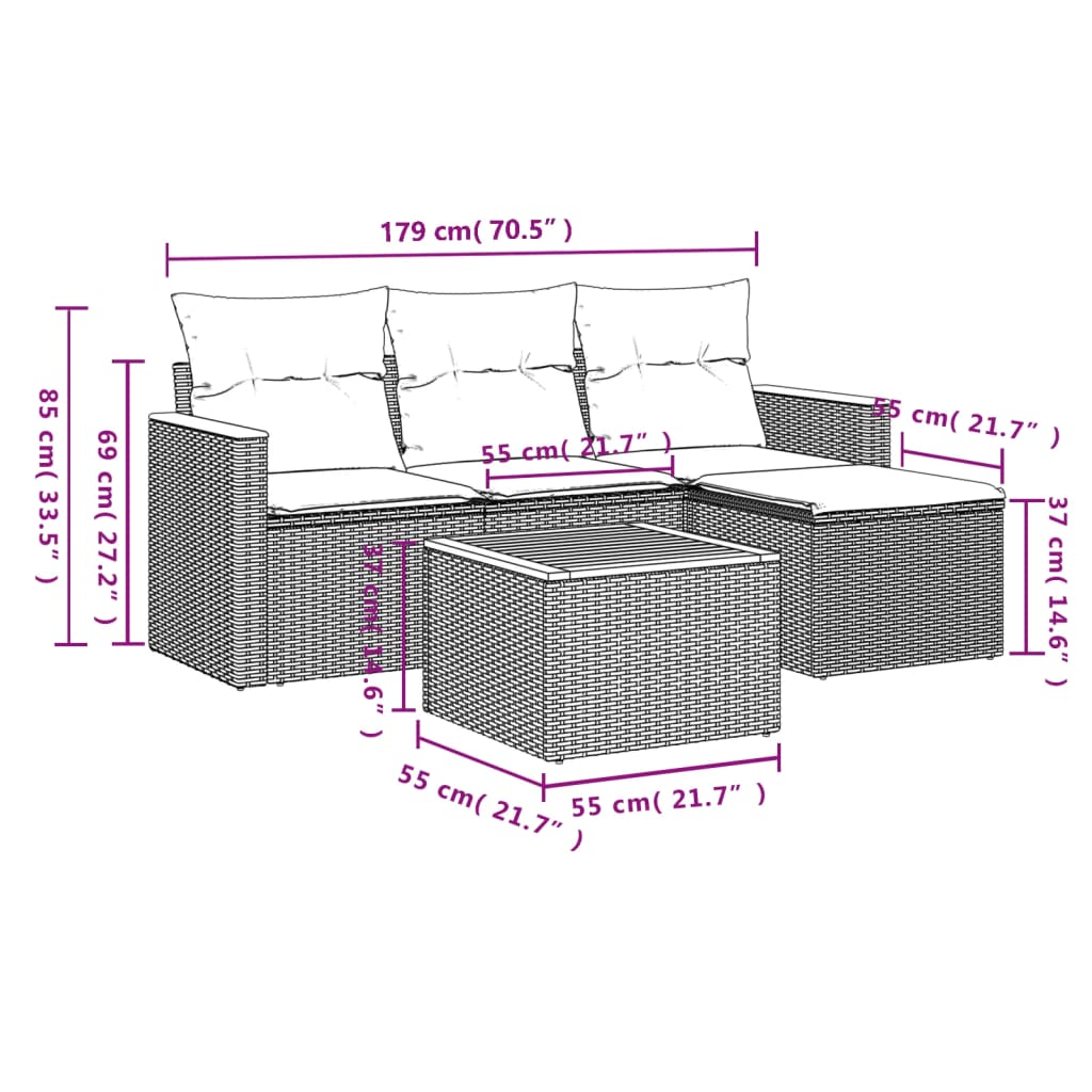 5 Pcs conjunto sofás de jardim com almofadões vime PE preto