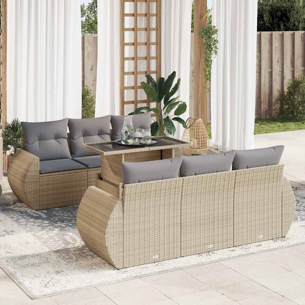 7 Pcs conjunto de sofás p/ jardim com almofadões vime PE bege