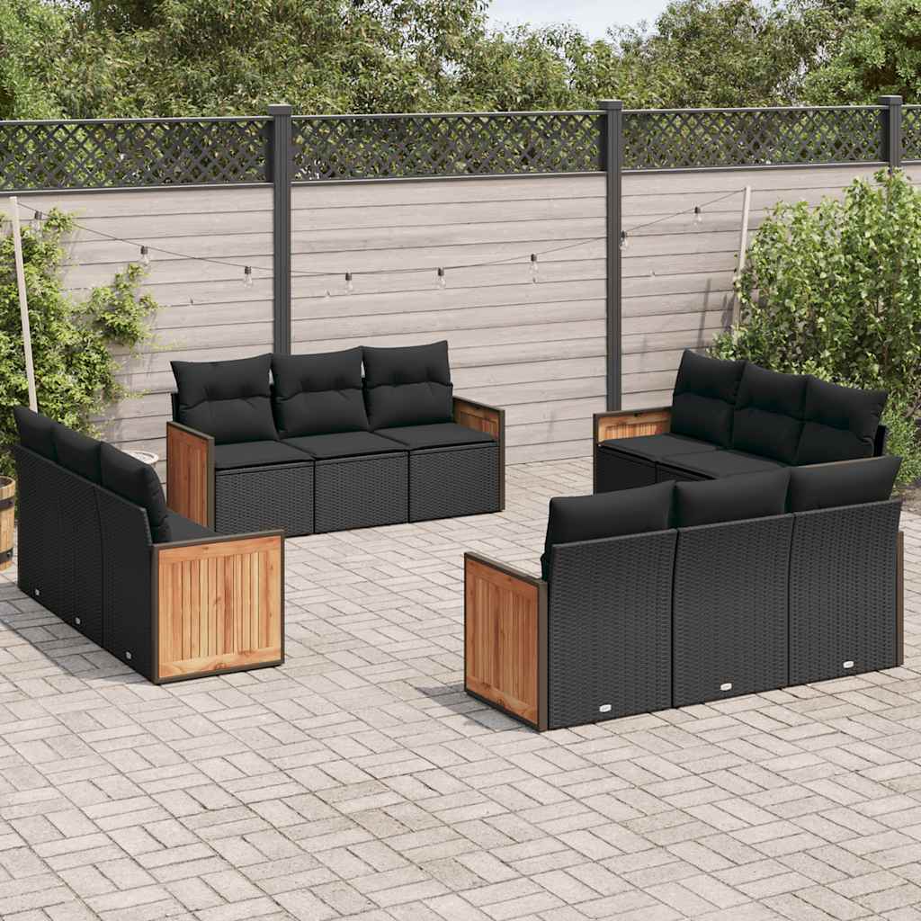 12 Pcs conjunto de sofás de jardim c/ almofadões vime PE preto