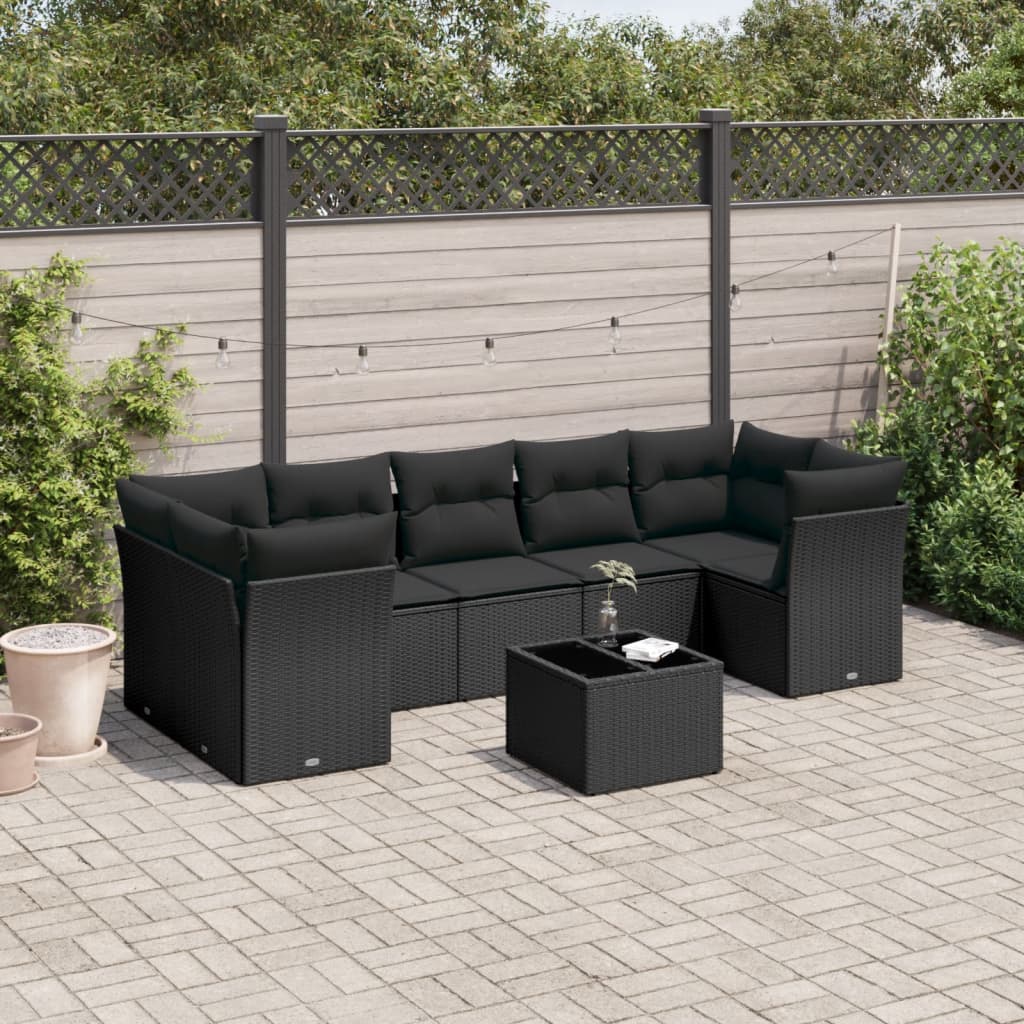 8 Pcs conjunto sofás de jardim com almofadões vime PE preto