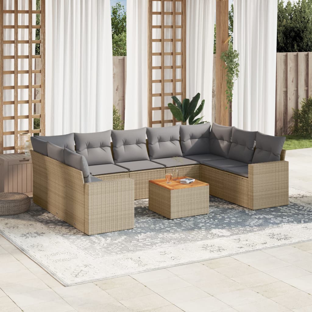 10 Pcs conjunto de sofás p/ jardim com almofadões vime PE bege