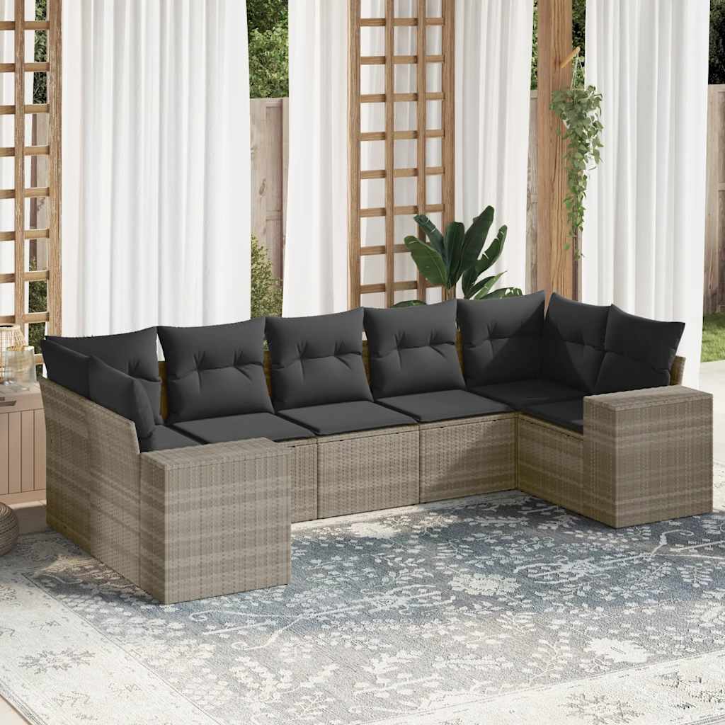 7 Pcs conj. sofás jardim com almofadões vime PE cinzento-claro