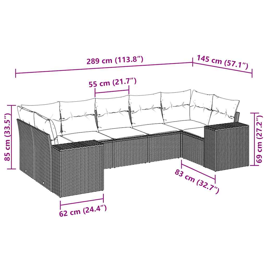 7 Pcs conj. sofás jardim com almofadões vime PE cinzento-claro