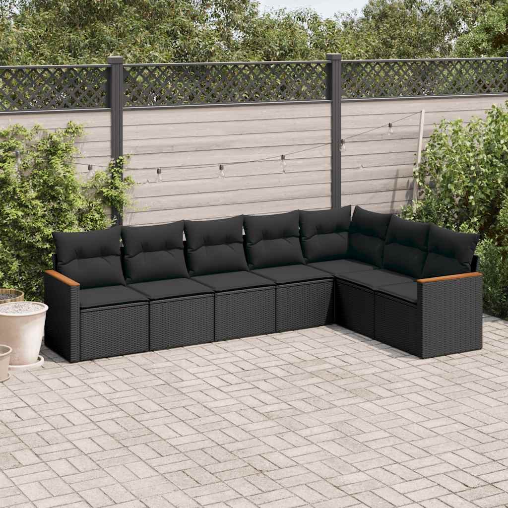 7 Pcs conjunto de sofás p/ jardim c/ almofadões vime PE preto