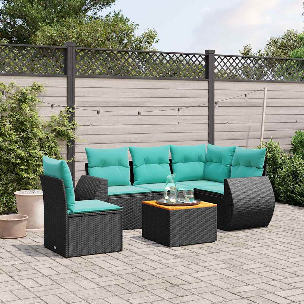 Conjunto de sofá de jardim com 6 peças e almofadas em rattan sintético preto