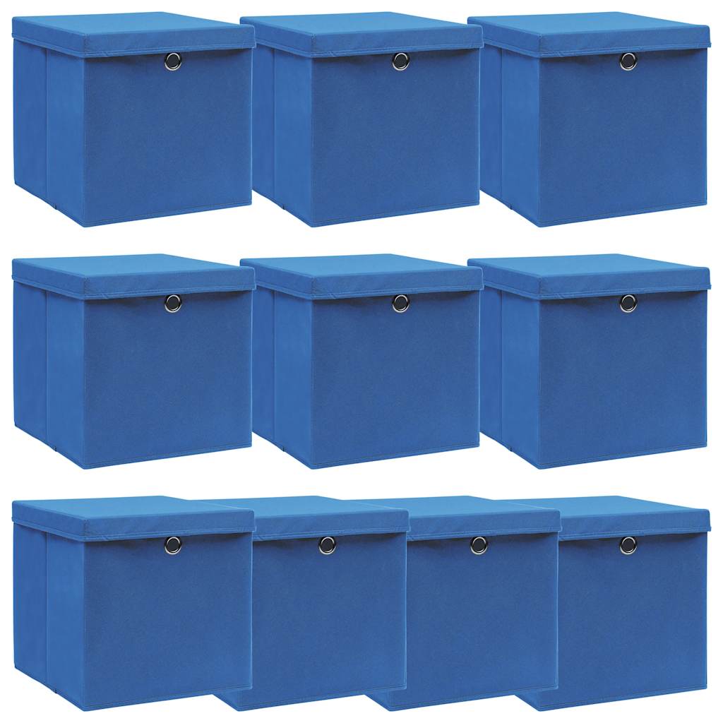 Caixas de arrumação com tampas 10 pcs 32x32x32 cm tecido azul
