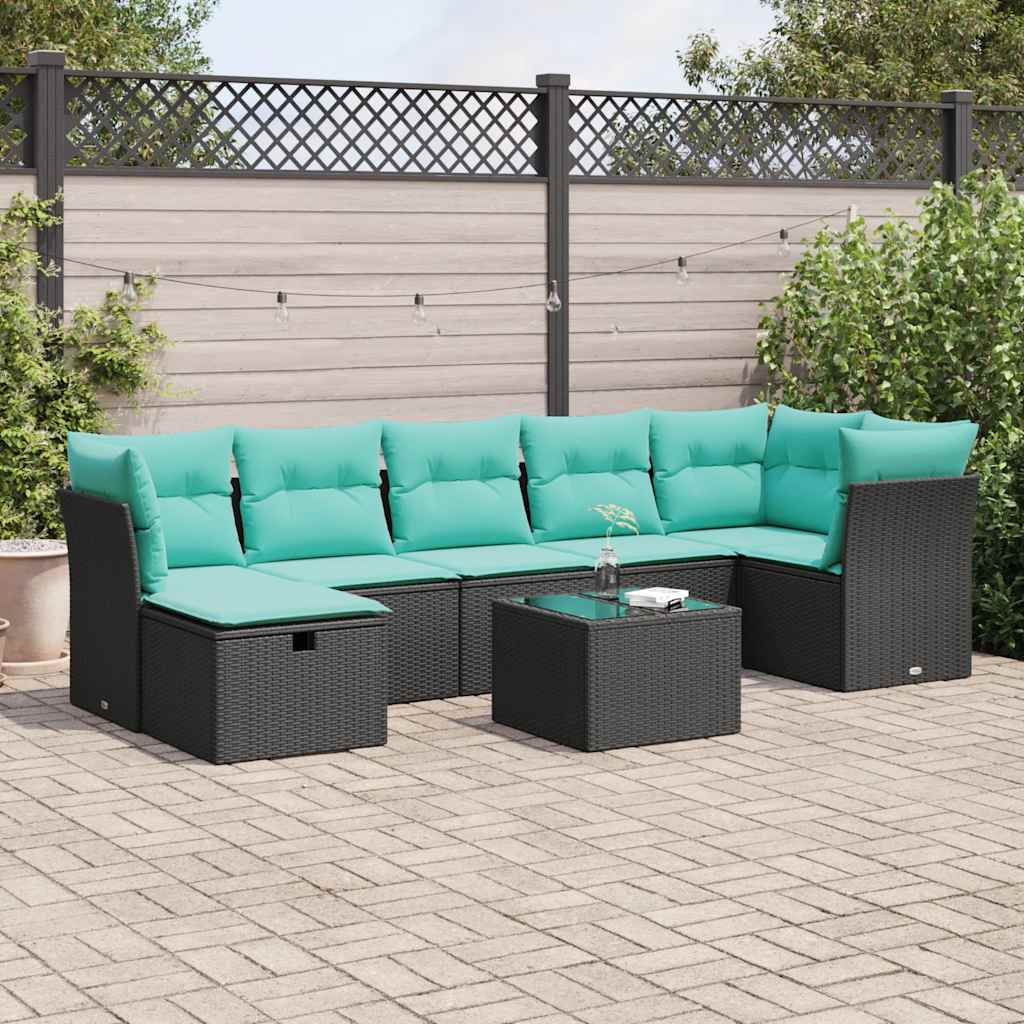 8 Pcs conjunto sofás de jardim com almofadões vime PE preto