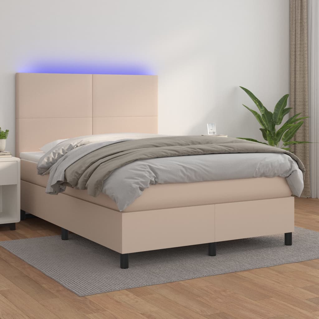 Cama box spring c/colchão/LED 140x190cm couro artif. cappuccino