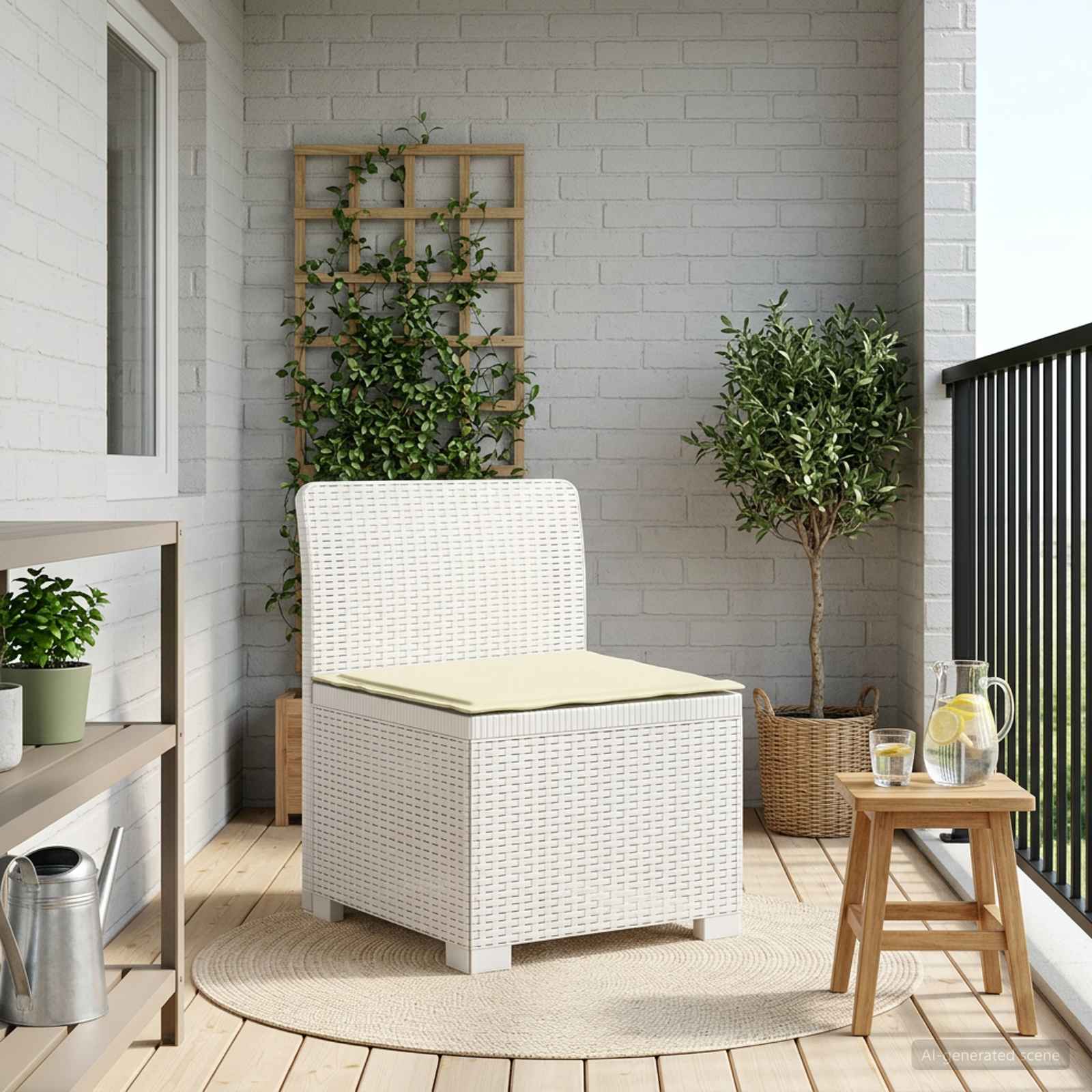 Sofá de jardim 1 lugar com almofada look rattan PP branco
