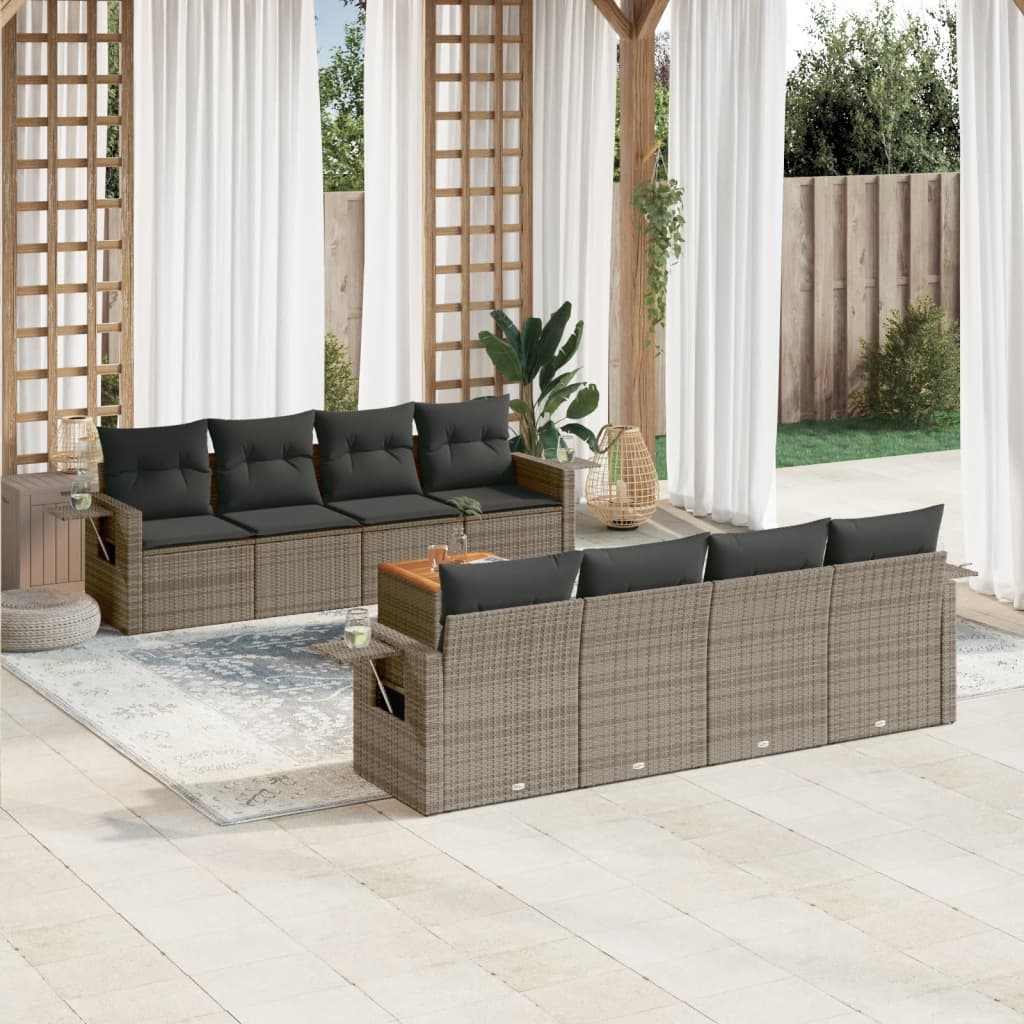 9 Pcs conjunto sofás p/ jardim com almofadões vime PE cinzento