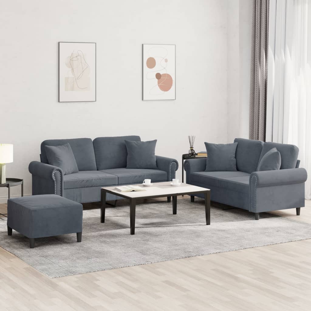 3 Pcs conjunto de sofás com almofadas veludo cinzento-escuro