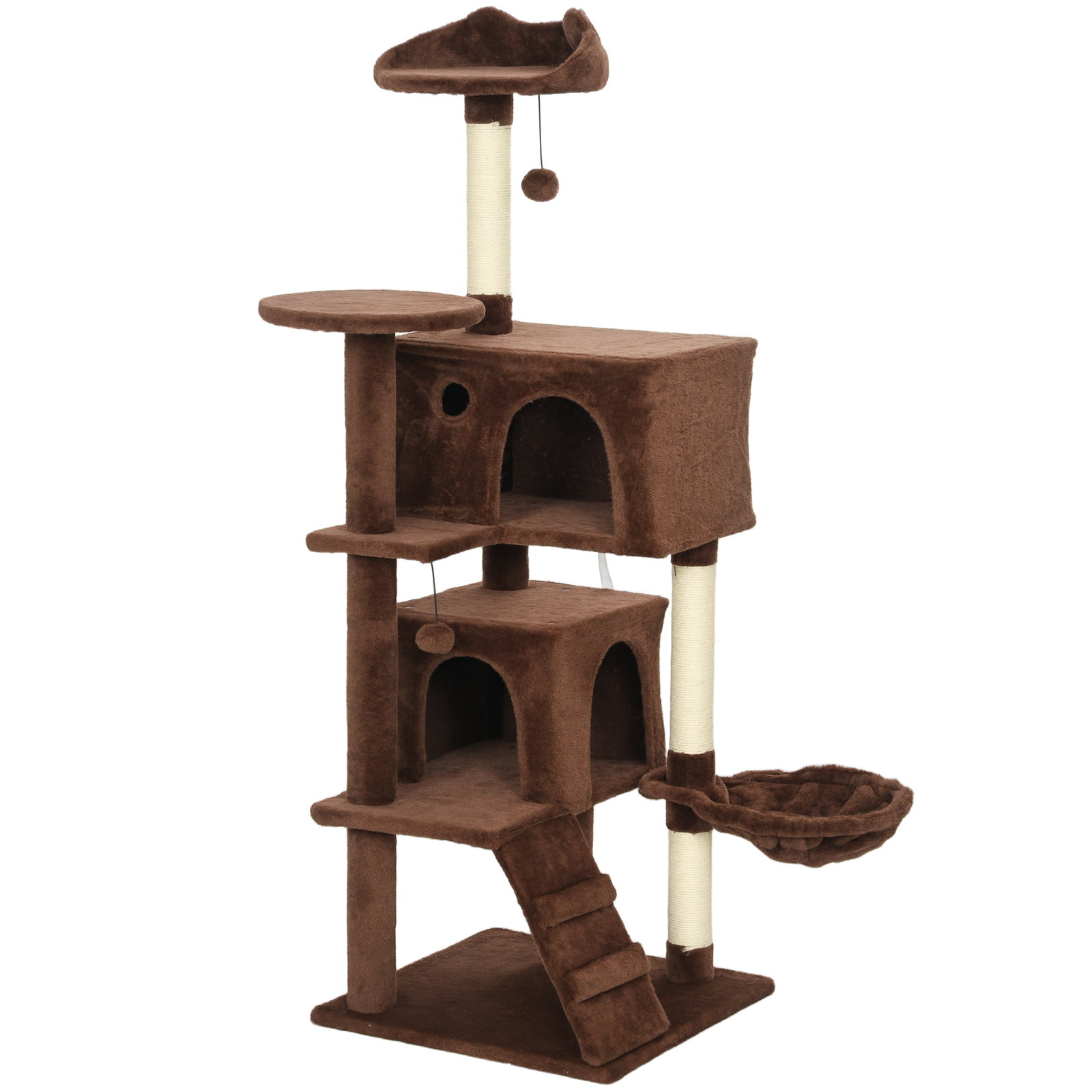 Arranhador para gatos com múltiplas plataformas cama 2 cavernas rede escada postes de sisal 48x48x140 cm marrom