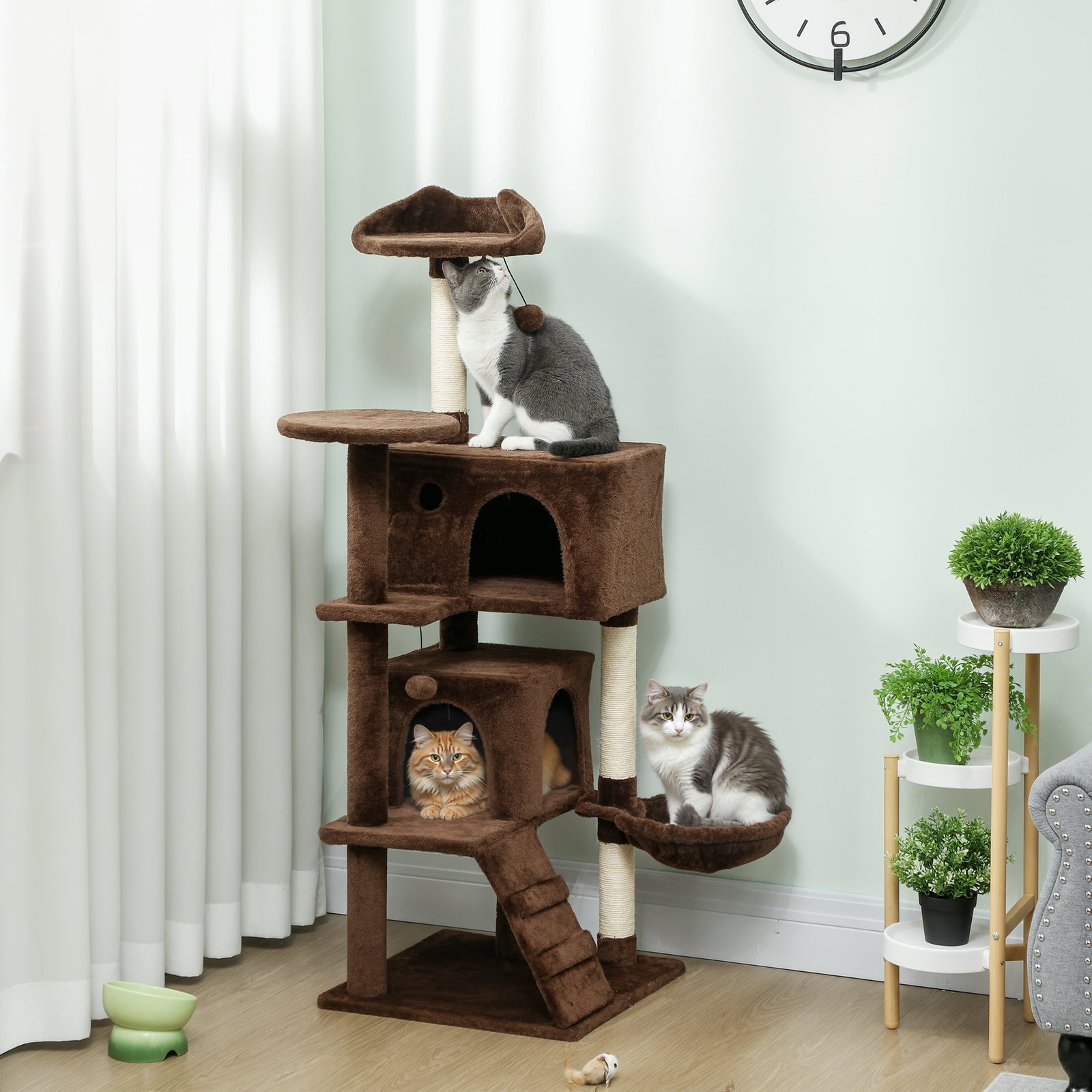 Arranhador para gatos com múltiplas plataformas cama 2 cavernas rede escada postes de sisal 48x48x140 cm marrom