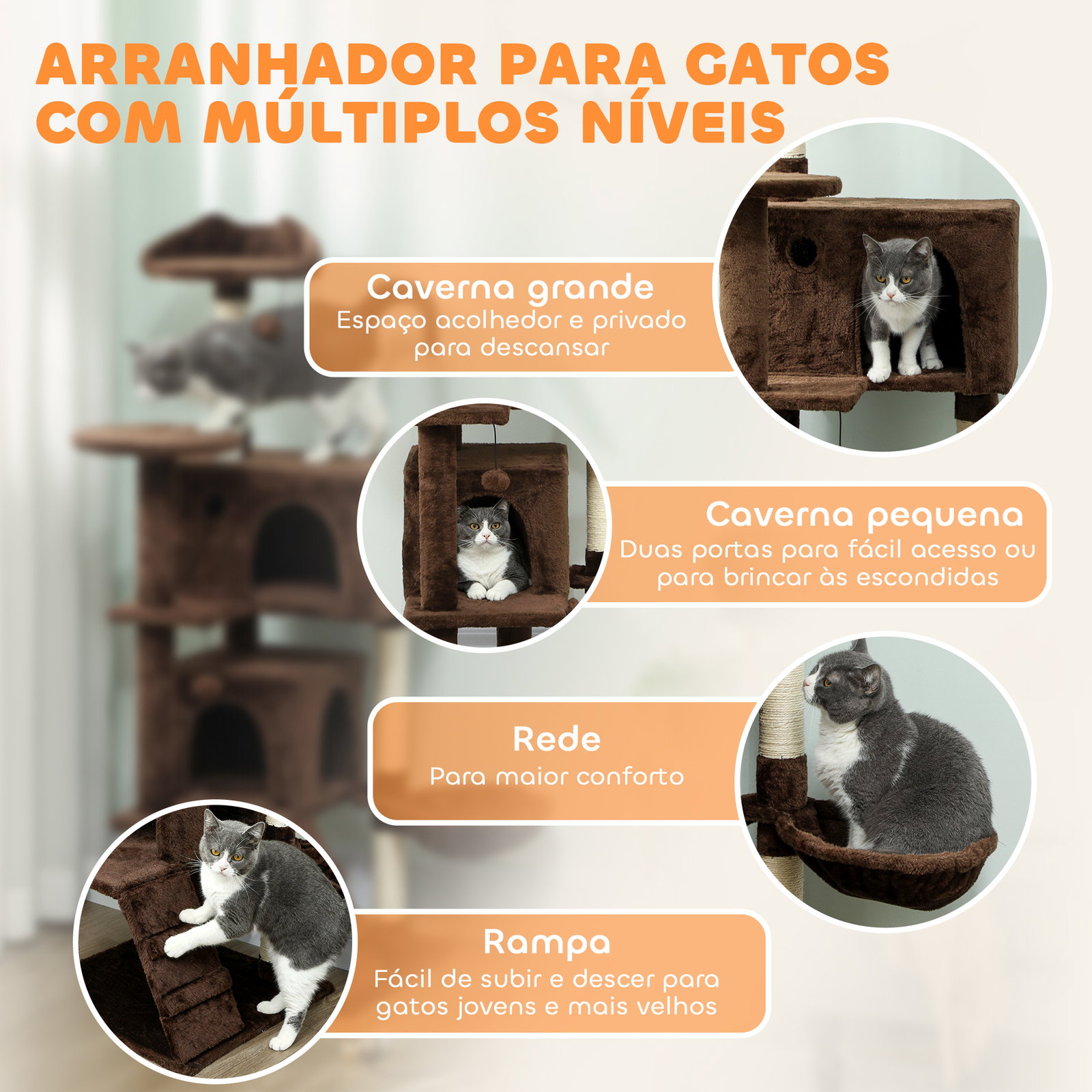 Arranhador para gatos com múltiplas plataformas cama 2 cavernas rede escada postes de sisal 48x48x140 cm marrom