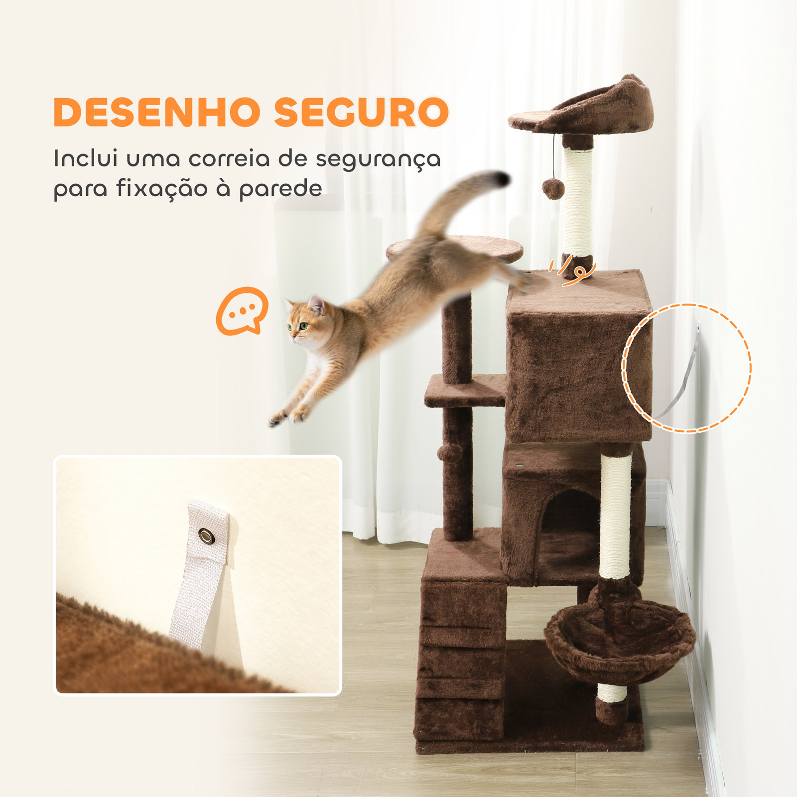 Arranhador para gatos com múltiplas plataformas cama 2 cavernas rede escada postes de sisal 48x48x140 cm marrom