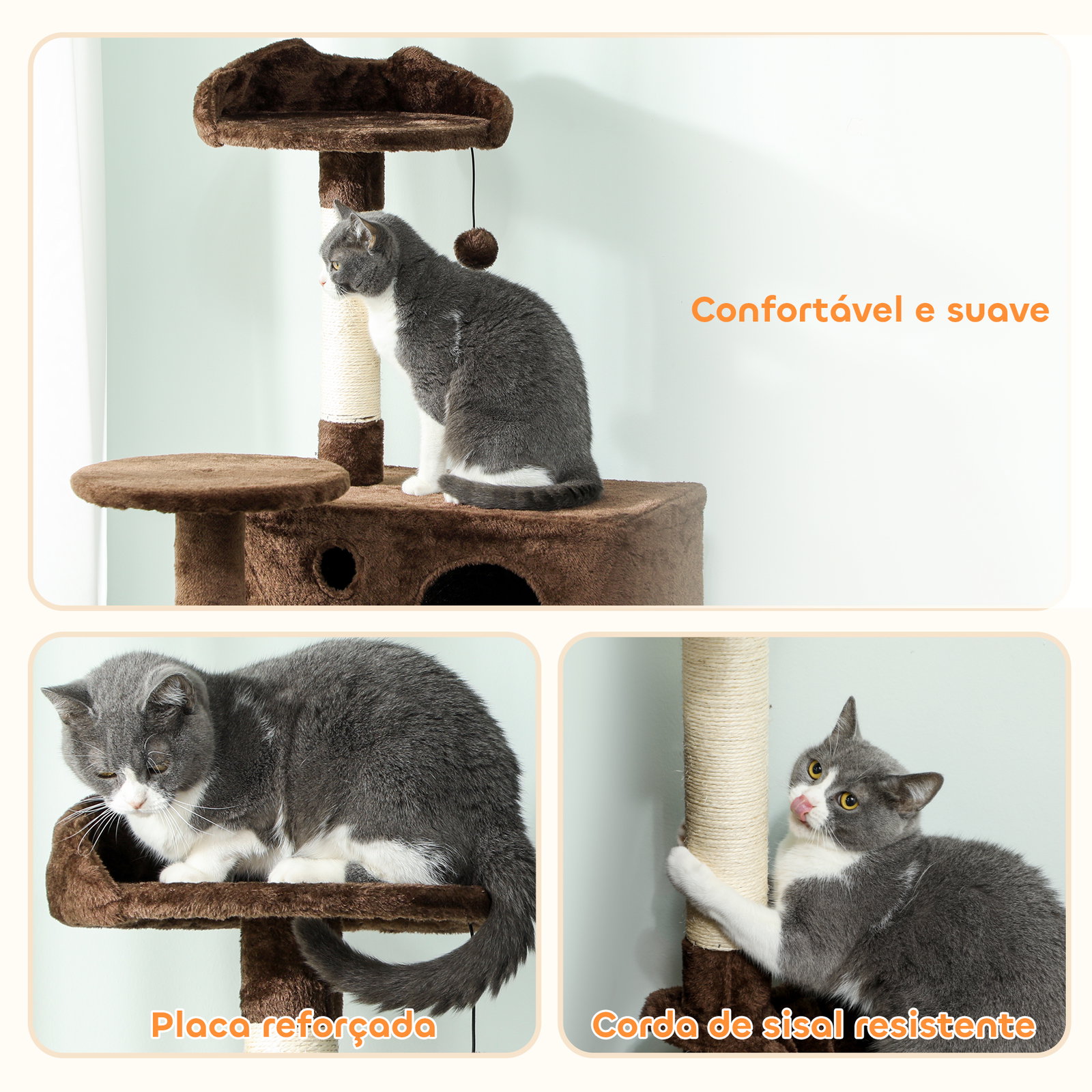 Arranhador para gatos com múltiplas plataformas cama 2 cavernas rede escada postes de sisal 48x48x140 cm marrom