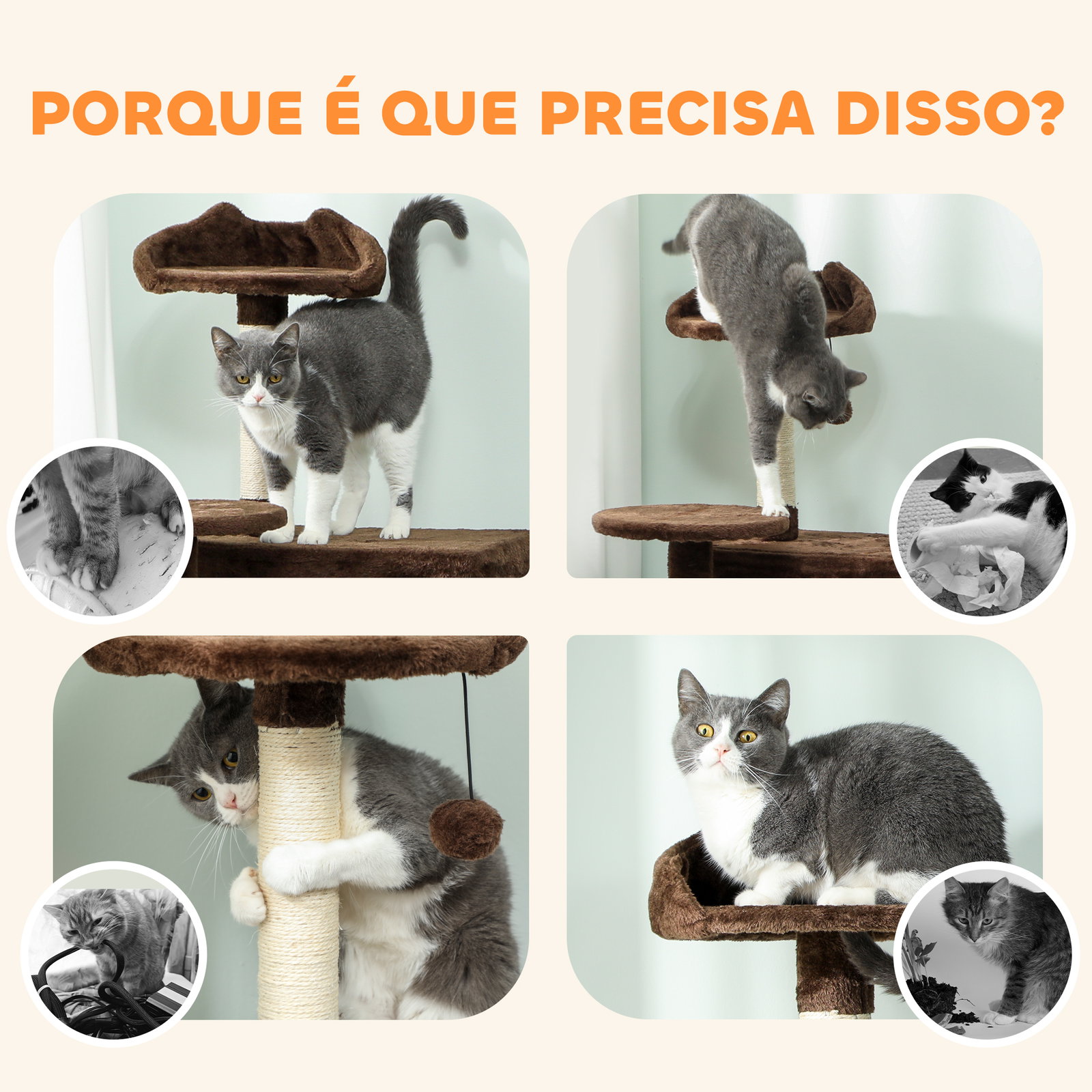 Arranhador para gatos com múltiplas plataformas cama 2 cavernas rede escada postes de sisal 48x48x140 cm marrom