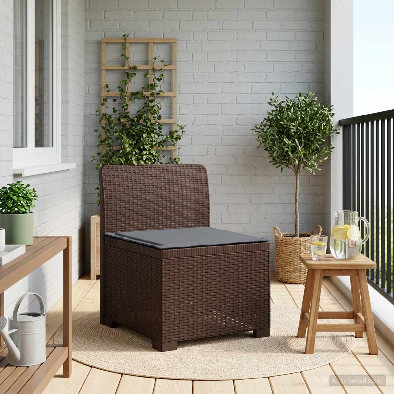 Sofá de jardim 1 lugar com almofada look rattan PP castanho