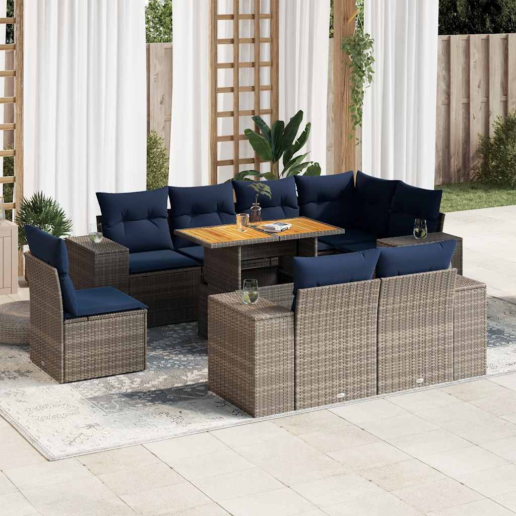 9 Pcs conjunto sofás p/ jardim com almofadões vime PE cinzento